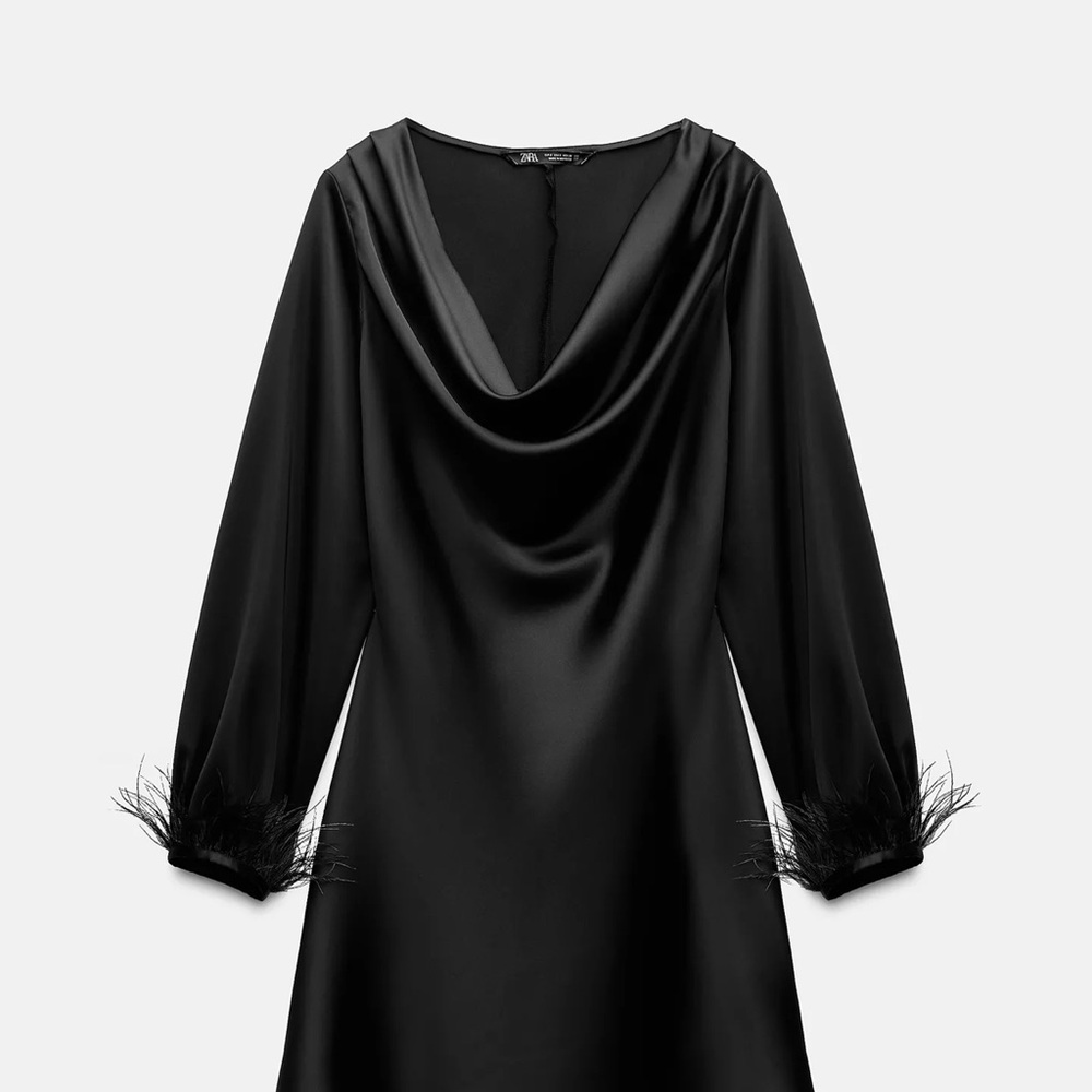 Zara Black Satin Dress with Feather Cuffs